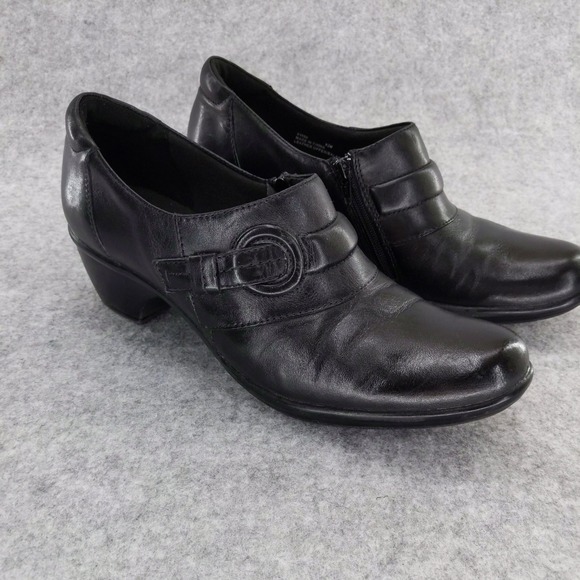 Clarks Genette Arc Black Leather Heeled Ankle Boots Side Zip‎ Buckle 9.5M - Picture 1 of 10